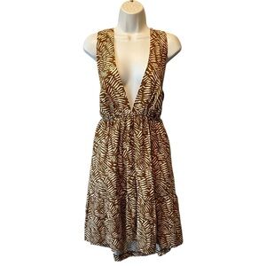 House of Harlow 1960 dress Medium Brown Ivory Linen Rayon blend Tropical V-neck